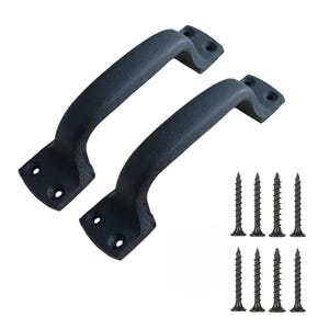 May include: Two black cast iron door handles with a curved design and a set of eight black screws.