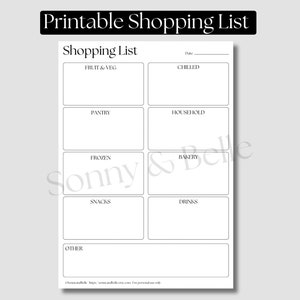 Könnte beinhalten: Druckbare Einkaufsliste mit Kategorien für Obst und Gemüse, gekühlte Artikel, Vorratskammer, Haushaltswaren, Tiefkühlkost, Bäckerei, Snacks, Getränke und Sonstiges.