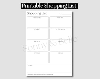 May include: Printable shopping list with categories for fruit and vegetables, chilled items, pantry staples, household goods, frozen foods, bakery items, snacks, drinks, and other.