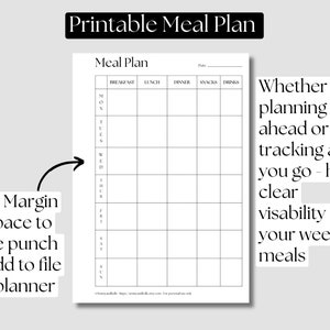 Könnte beinhalten: Druckbarer Speiseplan mit einem schwarz-weißen Rasterlayout. Der Planer enthält Spalten für Frühstück, Mittagessen, Abendessen, Snacks und Getränke. Die Wochentage sind auf der linken Seite des Rasters aufgelistet. Der Text "Egal, ob Sie im Voraus planen oder nach Bedarf verfolgen - haben Sie einen klaren Überblick über Ihre wöchentlichen Mahlzeiten" befindet sich auf der rechten Seite des Rasters.