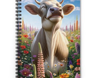 Könnte beinhalten: Spiralgebundenes Notizbuch mit einer Illustration einer lächelnden Kuh in einem Feld voller bunter Blumen. Die Kuh ist hellbraun und weiß. Der Hintergrund zeigt einen blauen Himmel und bunte Blumen. Das Notizbuch hat leere Seiten.