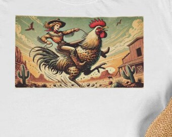 Chicken Wrangler-T-shirt, schattig kippenshirt, klassieke vogelvrije kip, schattig boerenshirt, Crazy Chicken-damesshirt, kleurrijk kippenkunstwerk