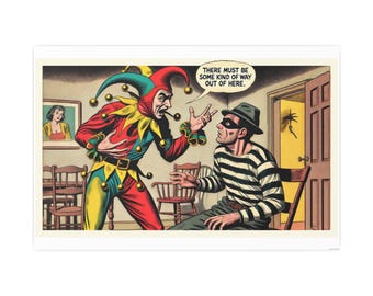 Póster de papel de cómic de bufón y prisionero / Arte pop vintage