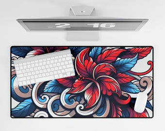 Hawaiian Mouse Pad (Red/Blue) Vibrant Floral Desk Mat - Stylish Desk Decor, Office Accessory, Gaming Pad, Gift for Office, Flower Design