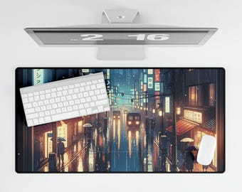 Lofi Mouse Pad (Urban Rainy Night) Desk Mat, Gaming Desk Mouse Pad, Office Decor, Artist Gift, Computer Accessory, Vintage Cityscape
