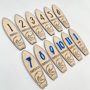 Schede di traguardo per bambini con tavola da surf, schede di traguardo mensili per la spiaggia, regalo per baby shower, fatto a mano, asilo nido per surfisti, tappe di traguardo per il surf, primo anno, spiaggia