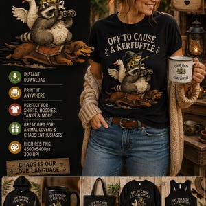 Pode incluir: Camiseta preta com a frase "OFF TO CAUSE A KERFUFFLE" e uma ilustração fantasiosa de um sapo, um guaxinim e um ganso montando um cachorro salsicha. A imagem também mostra uma caneca, uma sacola e outros produtos.
