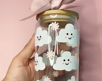 Ice coffee cup , Clouds glass can, Ice Coffee cup with lid and straw,Can glass cup, Coffee cup ,Gift for her Cute coffee cup,