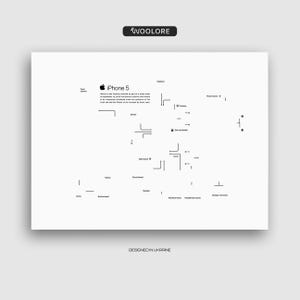 Puede incluir: Un diagrama esquemático minimalista en blanco y negro del iPhone 5, con componentes internos etiquetados como la cámara, la batería y el altavoz. El diseño incluye el texto "WOOLORE" en la parte superior y "DESIGNED IN UKRAINE" en la inferior.