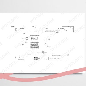 Può includere: Uno schema in bianco e nero di un iPhone 13 con un elenco di specifiche e una firma in basso.