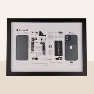May include: A framed diagram showing the disassembled parts of an iPhone 12. The diagram includes the phone's screen, battery, camera, and other components. The text "iPhone 12" is at the top of the diagram.