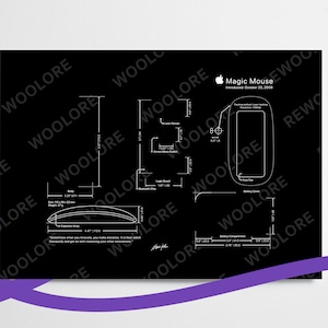 Puede incluir: Un dibujo técnico en blanco y negro del ratón Apple Magic Mouse, presentado el 20 de octubre de 2009. El dibujo muestra las dimensiones, los componentes y las características del ratón, incluyendo el cuerpo, el sensor de seguimiento, el láser, la placa lógica, el chip de aluminio, la almohadilla del pie, el compartimento de la batería y la tapa de la batería.