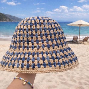 Crochet Bucket Hat Pattern – Blue Beige Raffia Summer Sun Hat (PDF Download) image 4