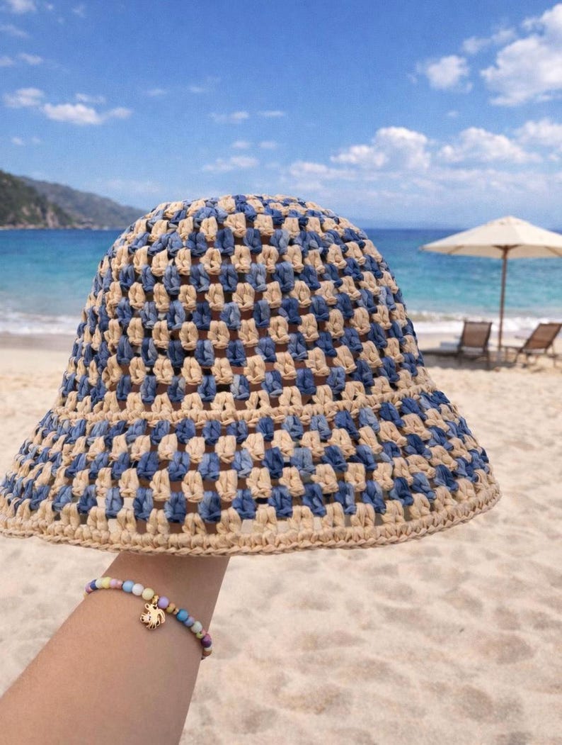Crochet Bucket Hat Pattern – Blue Beige Raffia Summer Sun Hat (PDF Download) image 4