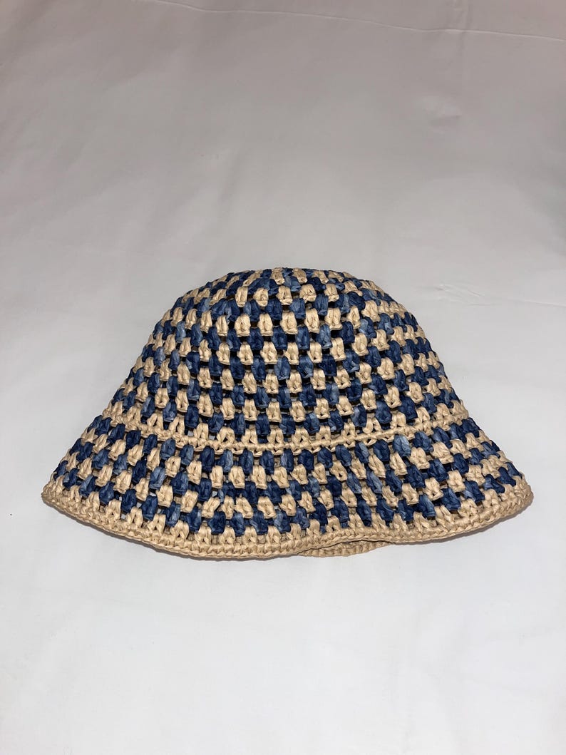Crochet Bucket Hat Pattern – Blue Beige Raffia Summer Sun Hat (PDF Download) image 5