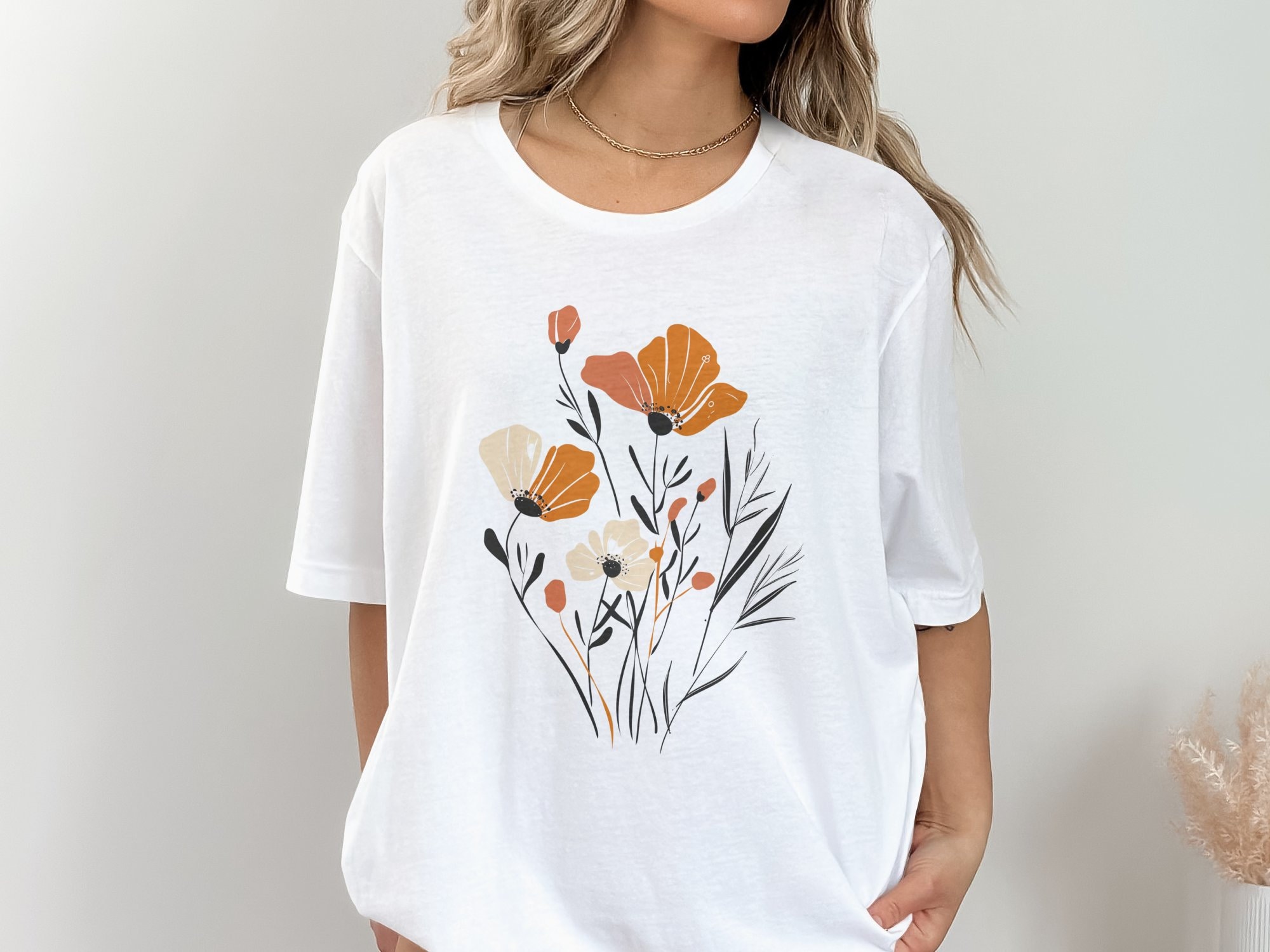 Tシャツ・カットソー [SLOWLOLLY] Flower Lettering T Shirt (2 COLOR) Botanical Line Art T-shirt, Abstract Floral Print, Modern