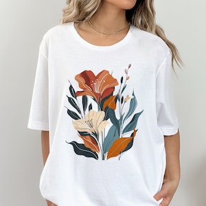 Womens Soft Basic tee Floral Tops Long Sleeves for Women White Flower Shirt for Women mom Baseball Shirts for Women Bling Bling Shirt Womens Sleeve Bohemian Floral T-shirt, Vibrant Botanical Print Tee, Women\u0027s