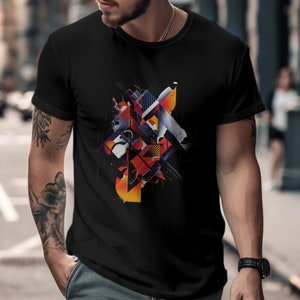 May include: A black t-shirt with a colorful abstract geometric design featuring shades of blue, red, yellow, and orange.