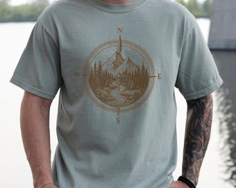 Compass Mountain Graphic Men Tee: Comfort Colors Vintage Adventure Hiking Shirt