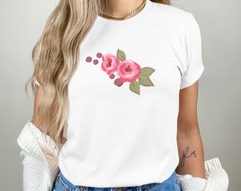 Pink Rose Print T-Shirt: Soft Cotton Floral Summer Tee