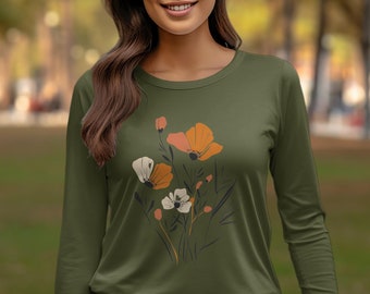 Botanical Line Art T-shirt: Abstract Floral Print, Modern