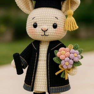 Conejo amigurumi con toga de graduación: muñeco hecho a mano con flores y diploma.