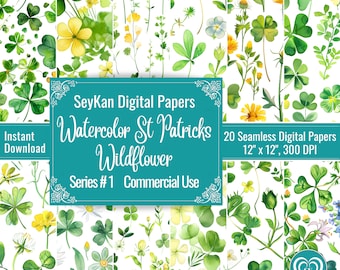 Acuarela St Patricks Wildflower PAPEL DIGITAL Shamrock Greenery Green Irish Clover Meadow 20 Patrón sin costuras 12"x12" 300 DPI Descargar