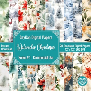 Christmas Watercolor DIGITAL PAPER | Seamless Scrapbook Patterns | Christmas Collection | 20 Patterns 12&quot;x12&quot;, 300 DPI Instant Download