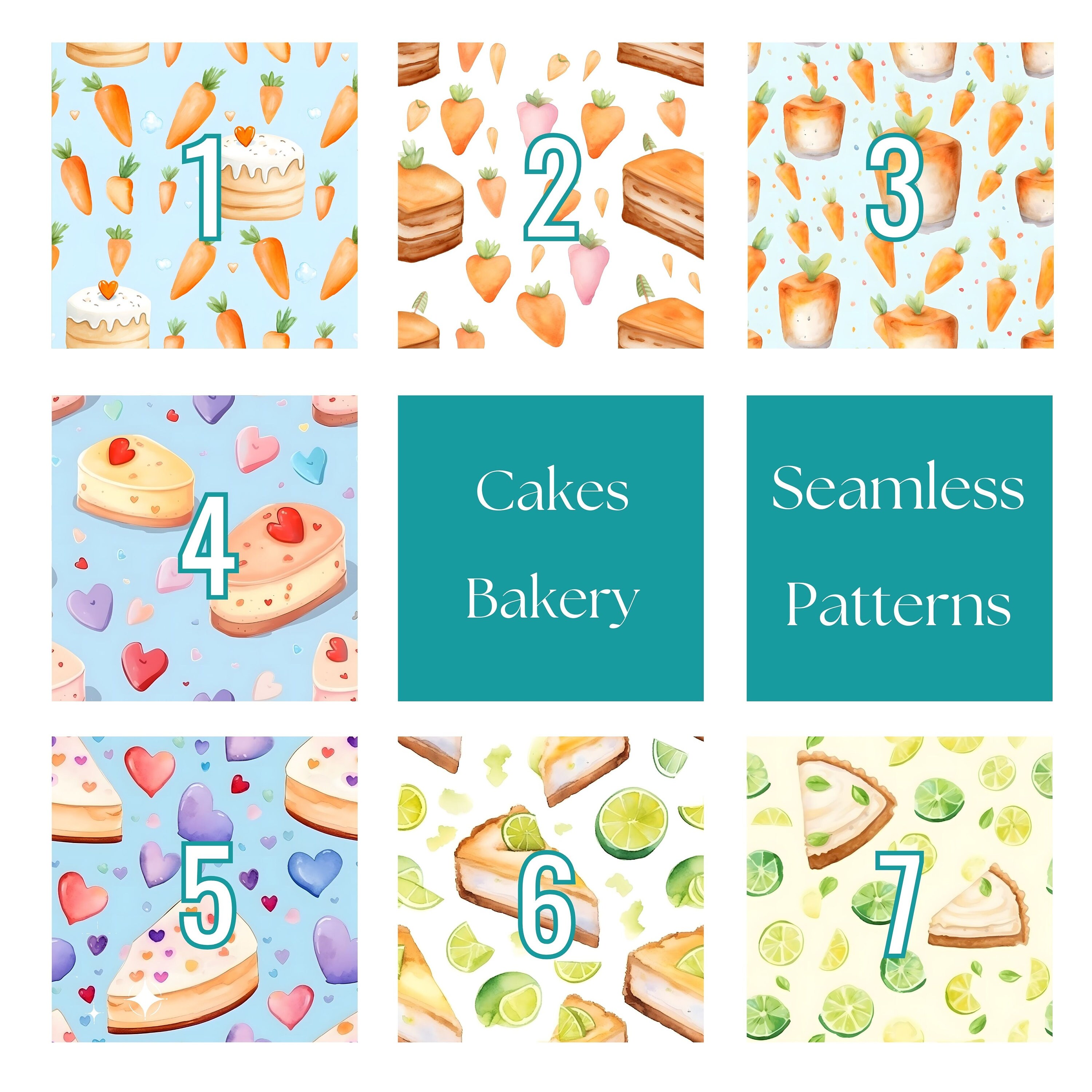 Cakes Bakery Seamless DIGITAL PAPER Cheesecake Pumpkin Pie Carrot Cake ...