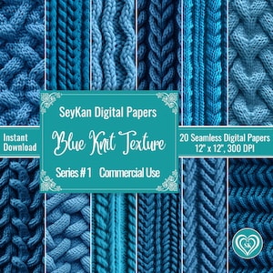 Blue Knit Texture DIGITAL PAPER Knitted Wool Sweater Jumper background 20 Seamless repeat Patterns Papers 12"x12", 300 DPI Instant Download