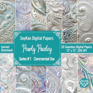 May include: 20 digital papers featuring a pearlescent white paisley pattern. The papers are 12 inches by 12 inches and 300 DPI. The text "SeyKan Digital Papers Pearly Paisley Series #1 Commercial Use" is in the center of the image.
