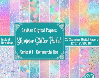 Shimmer Glitter Pastel Seamless DIGITAL PAPER | Glitter background printable scrapbook | 20 Patterns | 12"x12", 300 DPI | Instant Download