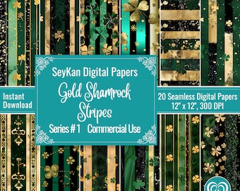 Gold Shamrock Stripes PAPEL DIGITAL St Patricks Clover Irish Tradition Green Glitter 20 Patrón sin costuras 12 "x 12" 300 DPI Descarga instantánea