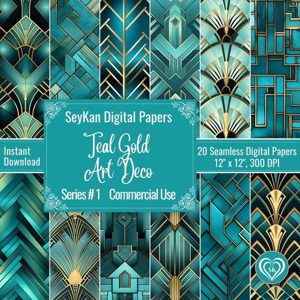 Teal Gold Art Deco DIGITAL PAPER Turquoise Tiles wallpaper backgrounds Foil paper scrapbook 20 Seamless Patterns 12"x12" 300 DPI Download