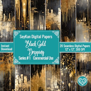 May include: A set of 20 digital papers featuring abstract black and gold dripping paint designs. Each paper is 12 inches by 12 inches and 300 DPI. The papers are for commercial use.