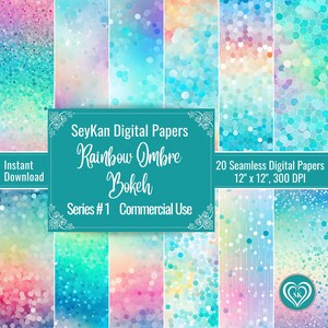 May include: 20 digital papers with a rainbow ombre bokeh effect. Each paper is 12 inches by 12 inches and 300 DPI. The papers are in a variety of colors, including pink, blue, green, and yellow.