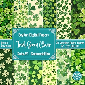 Papier numérique trèfle vert irlandais St Patricks trèfle porte-bonheur trèfles verts à quatre feuilles 20 modèles sans couture 12 x 12 po 300 ppp téléchargement immédiat