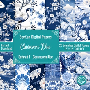 Chinoiserie Blue Seamless DIGITAL PAPER | Chinese asian oriental pattern french china toile | 20  Papers 12&quot;x12&quot;, 300 DPI Instant Download