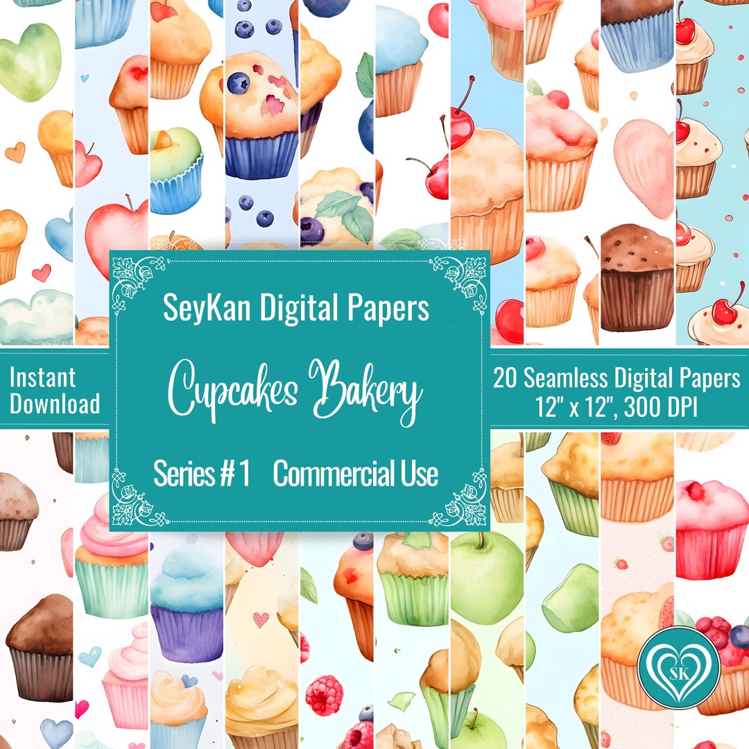 Cupcakes Bakery Seamless DIGITAL PAPER Sweet Treats Strawberry ...