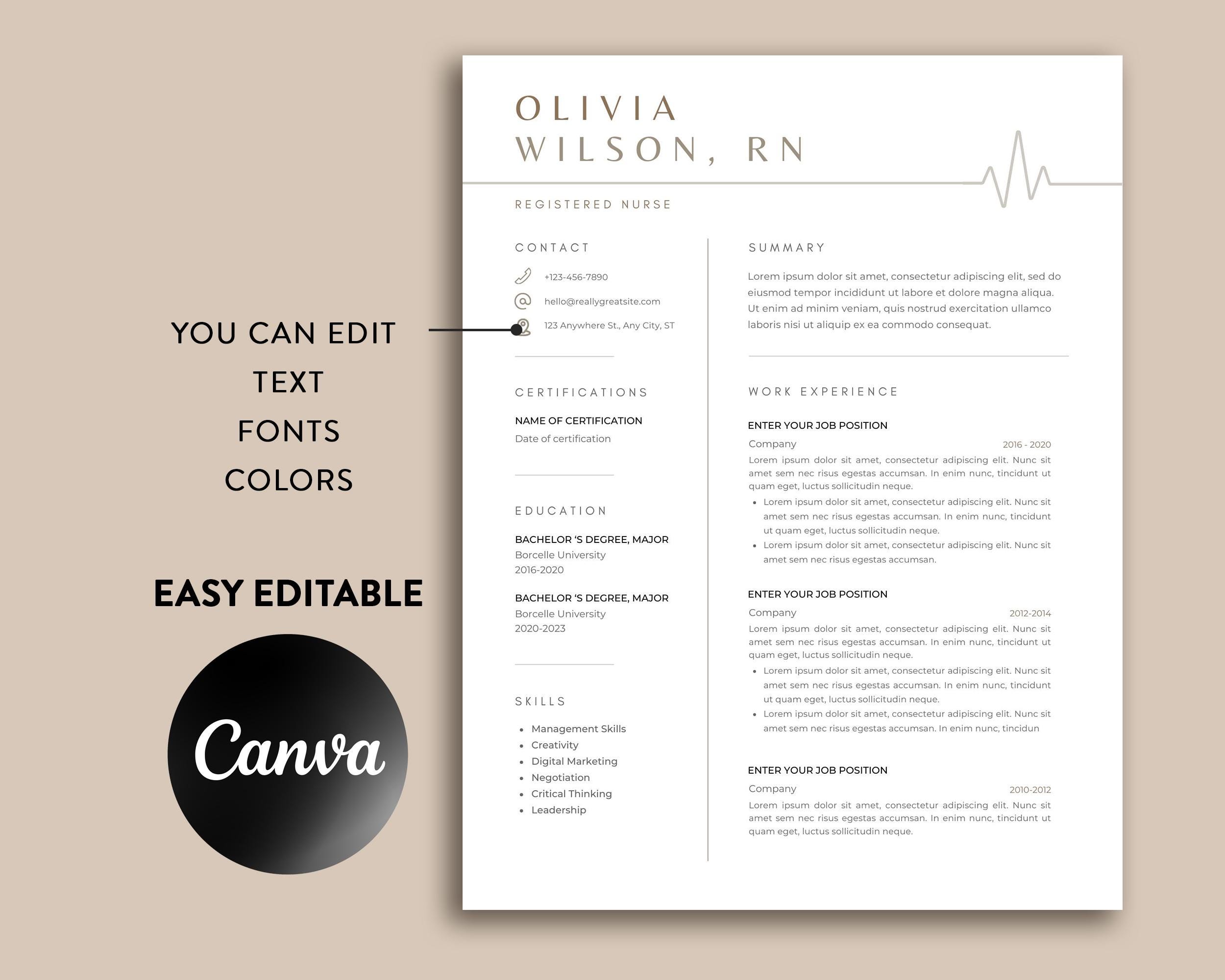 Nurse Resume Template Canva, Canva Resume Template, Nursing Resume, RN ...