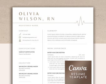 May include: A brown and white resume template with a heart rate line graphic. The text "Canva Resume Template" is in a white box with a brown background.