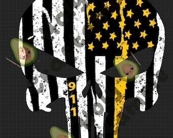 Archivo de diseño de camiseta con diseño de calavera castigadora Dispatcher 911, línea fina de oro amarillo, bandera DTF, transferencia de calor, impresión y corte PNG de 300 ppp.