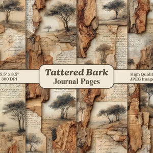 Puede incluir: Páginas de diario digital con un collage de corteza desgarrada y papel envejecido. Las páginas incluyen ilustraciones de árboles y escritura manuscrita. Las dimensiones son 14 x 22 cm. El texto dice "Tattered Bark Journal Pages" y "High Quality JPEG Images."