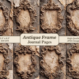 Op de afbeelding: Een verzameling antieke frame-journaalpagina's. Elk frame is ingewikkeld ontworpen met sierlijke details en een verweerde, verouderde uitstraling. De tekst "Antique Frame Journal Pages" is zichtbaar. De pagina's meten 14 x 21,6 cm.