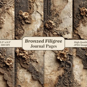 Puede incluir: Una colección de páginas de diario con filigrana bronceada. Las páginas presentan diseños florales y de volutas ornamentados con una estética vintage y desgastada. El texto "Bronzed Filigree Journal Pages" es visible.