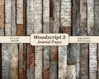 Könnte beinhalten: Digitale Journalseiten mit einem Holzmaserungshintergrund. Die Seiten bestehen aus vertikalen Holzplanken in Braun-, Grau- und Beigetönen. Handschriftlicher Text ist über dem Holz angeordnet. Der Text auf dem Bild lautet "Woodscript 2 Journal Pages" und "5,5" x 8,5" 300 DPI".