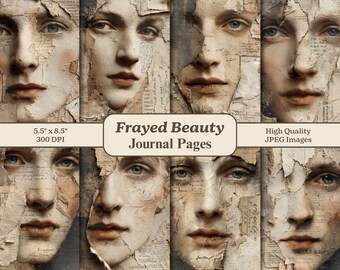 Puede incluir: Un collage de ocho páginas de diario digital con retratos de una persona con una estética vintage y desgastada. Los rostros están parcialmente oscurecidos por papel rasgado, con texto visible. Las páginas miden 14 x 22 cm y son imágenes JPEG de alta calidad.