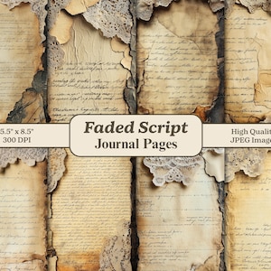 Peut inclure: Plusieurs pages de journal vieillies avec une écriture manuscrite, des bords déchirés et des accents de dentelle délicats. Les pages mesurent 14 x 22 cm et sont des images JPEG de haute qualité. Le texte sur l'image indique "Faded Script Journal Pages".