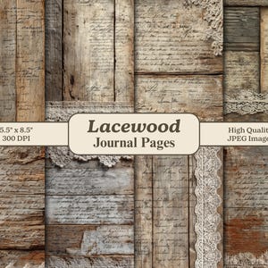 Puede incluir: Páginas de diario digital con una estética rústica y vintage. El diseño presenta tablas de madera envejecida con escritura manuscrita y delicados detalles de encaje. Las páginas miden 14 x 21,6 cm.