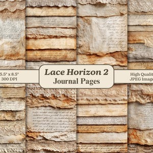 Op de afbeelding: Een collage van journaalpagina's met een vintage esthetiek. De pagina's hebben gescheurde randen, verouderd papier en handgeschreven schrift. Sommige pagina's bevatten kanten afwerking. De tekst "Lace Horizon 2 Journal Pages" wordt weergegeven.